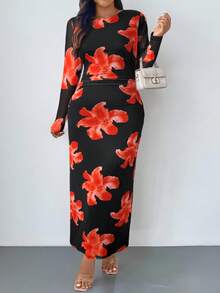 Firerie Vestido de malla de manga larga con volantes y estampado floral elegante y romántico, adecuado para principios de otoño, talla grande - Rojo - Ver 3