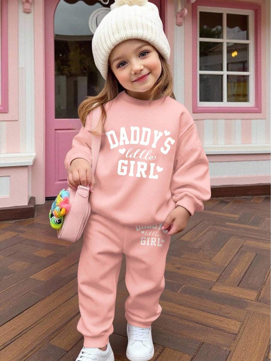 Soft Mist Pink "Daddy's Little Girl❤" Baby Girl Casual Thick Soft Long Sleeve Crew Neck Sweatshirt And Pants Tracksuit Set, Suitable For Autumn/Winter, Autumn Outfits For , Easy Comfort, Autumn Layers For Baby & Baby Girl, Stylish Baby Girl, Casual Wear, Baby Girl Graphic Tracksuit, Fall Clothes - Pink - View 1