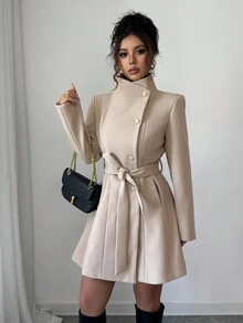 Elenzga Women's Stand Collar Single-Breasted Cinched Waist Waist Mid-Length Overcoat - Khaki - View 4