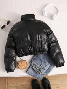 SHEIN 1pc Tween Girl PU Leather Warm Versatile Stand Collar Thick Padded Coat, Winter Fall - Black - View 7