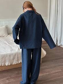 DAZY 青少年/女孩休闲格子家居服套装，宽松舒适卡通图案直筒裤，秋季 - 藏蓝色 - 查看 6