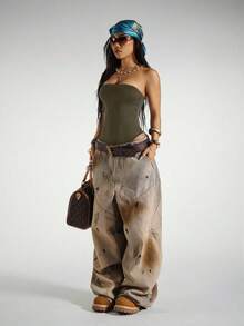 StreetHx Streetwear Women's Sleeveless Bandeau Bodysuit, Summer - Army Green - View 4