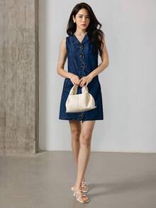 Heiryn 女士牛仔连衣裙，带口袋，波浪门襟，纽扣门襟，女装，蓝色连衣裙，直筒连衣裙，女士圆领，无袖，单纽扣口袋，牛仔连衣裙，蓝色连衣裙，蓝色女装，海军蓝连衣裙，西部连衣裙，西部女装，海军蓝女装 - 中等水洗藍 - 查看 5