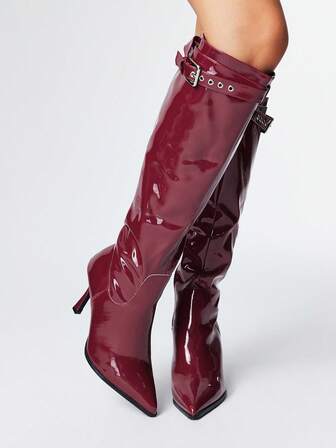 Grunge Punk Women's Pointed Toe Stiletto Heel Boots With Buckle Decor And Side Zipper