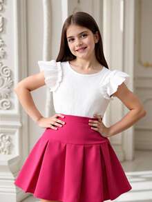 SHEIN 2pcs Tween Girl's Textured Top With Ruffle Sleeves And Pleated Skirt Set - Hot Pink - View 5