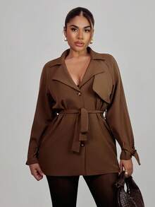 Xyvia Women's Casual Brown Loose Straight Long Sleeve Button Belted Lapel Trench Coat (With Belt) - Brown - View 6