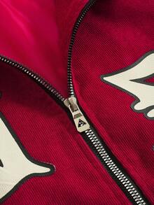 PAVTROS Manfinity Streetrush 男士街头时尚红色长袖拉链夹克，自由女神像音乐主题红色Y2K拉链夹克，秋冬款，Grunge风格 - 紅色 - 查看 8