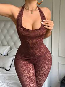Spicy Aura 女士露背吊带蕾丝拼接内衣连体裤 - 咖啡棕 - 查看 3