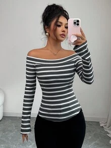 Elenzga 25-30+ 罗纹露肩长袖优雅女士T恤，休闲秋季 - 黑色 - 查看 3