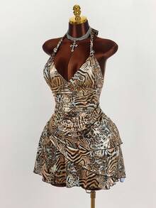 Amplova Plus Size Animal Print Knotted Backless Mini Bodycon Dress - Multicolor - View 2