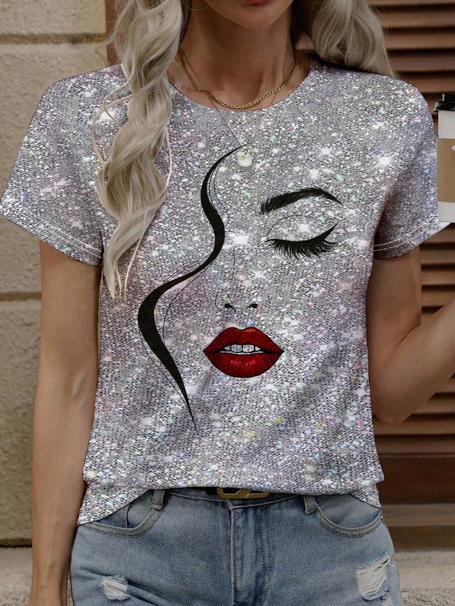 SHEIN Essnce Camiseta de manga corta con cuello redondo informal con estampado gráfico de arte de línea de rostro abstracto para mujer, primavera y verano - Multicolor - Ver 1