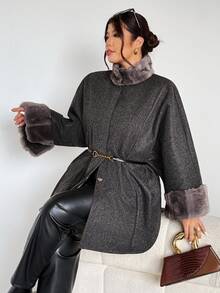 Firerie Plus Size Elegant Furry Collar Patchwork Dark Grey Casual Cloak Style Overcoat, Suitable For Home, Office, Outdoor, Cuff Fur Trim Elegant Commute & Date, Refined Afternoon Tea, Autumn/Winter/ Elegant Overcoat With Drawstring Waist Belt / Autumn And Winter Long Sleeve Loose Fur Patchwork Office Wear Coat Fall