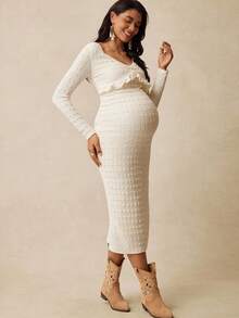 Boho Mama Váy dệt kim ôm dáng cổ chữ V màu trơn cho bà bầu - Màu be - Xem 3