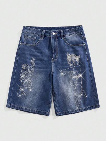 Astro Boy X ROMWE Men's Rhinestone Cartoon Figure Graphic Denim Bermuda Shorts