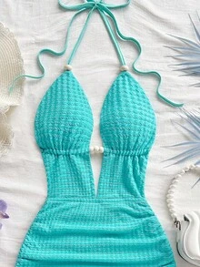 Soleia 女式纯色细肩带深V领褶饰性感迷你连衣裙 - 水鴨藍 - 查看 5