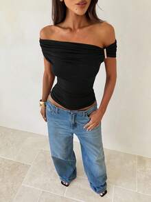 Aloruh Asymmetrical Asymmetric Shoulder Knit T-Shirt Top, Purple-Red Black Tops