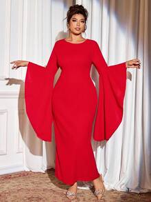 Cravure Christmas Plus Size Women Elegant Party/Date Solid Color Flare Sleeve Long Sleeve Maxi Dress Fall - Burgundy - View 4
