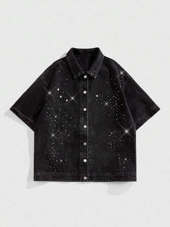 Street Life Camisa de manga corta de mezclilla con estrellas negras estilo urbano para hombres