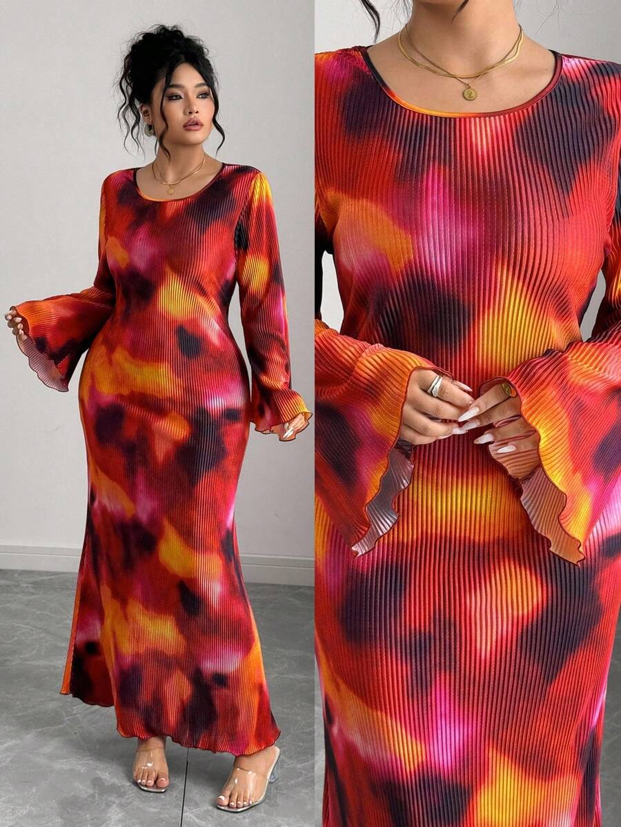 Elenzga Plus Size Crew Neck Long Puff Sleeve Floral Print Pleated Fitted Dress, For Christmas Maxi Women Outfit Fall Cloth For Women - Multicolor - View 1