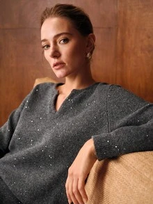 MOTF PREMIUM CONTRAST SEQUINS NOTCH NECK SOLID SWEATER