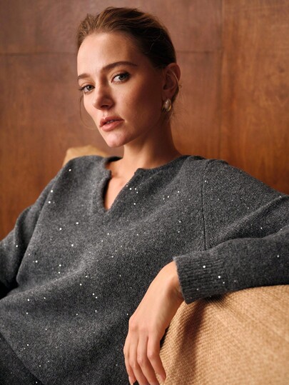 MOTF PREMIUM CONTRAST SEQUINS NOTCH NECK SOLID SWEATER