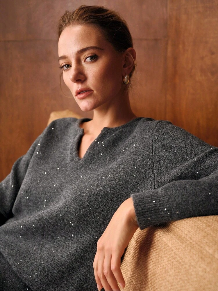 CONTRAST SEQUINS NOTCH NECK SOLID SWEATER