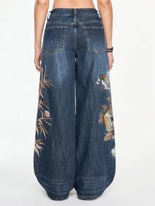 ROMWE Grunge Punk Quần jeans ống rộng cạp thấp họa tiết hổ và hoa phong cách Trung Hoa cổ điển dành cho cả nam và nữ - Màu xanh lam - Xem 2