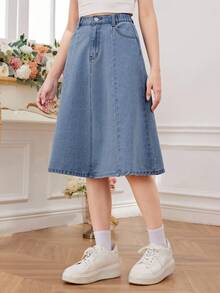 SHEIN Tween Girl 优雅复古高腰浅蓝色水洗鱼尾牛仔长裙