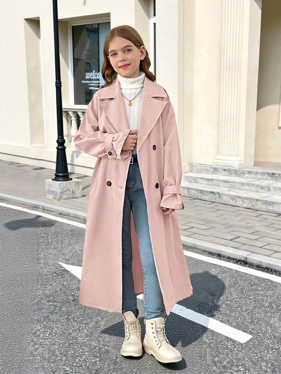 SHEIN Tween Girl 双排扣翻领宽松长款风衣,休闲风格,适合通勤和 - 淺粉色 - 查看 1