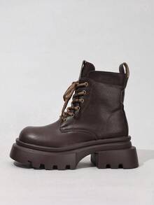 ROMWE Fairycore 女式踝靴，侧面拉链，正面系带，休闲短靴，适合圣诞节和新年假期 - 棕色 - 查看 2