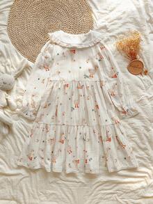 Vintaside Kids 女童荷叶边领纯棉连衣裙 女童鸭子印花宽松休闲连衣裙 女童卡通公主裙