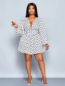 SOLERSUN Mono elegante de mujer con estampado de lunares, cuello en V profundo y cintura ceñida, mono de verano/otoño para mujer - Blanco y Negro - Ver 3