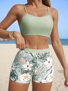 Swim Lushoire 女士夏日沙灘熱帶植物印花比基尼套裝，配方形短褲，半袖和服遮陽衣