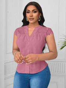 SHEIN Clasi Áo cánh vải họa tiết ren tương phản cổ chữ V cỡ lớn - Hồng - Xem 1