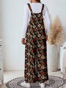 SHEIN LUNE Women's Casual Loose Jumpsuit With Leaf Print Pattern On Black Background, Suitable For Autumn/Winter Wear - Multicolor - View 2