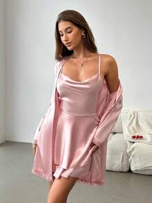 Aloruh Satin Backless Tie-Up Nightgown And Robe Sleepwear Set - Dusty Pink - View 7