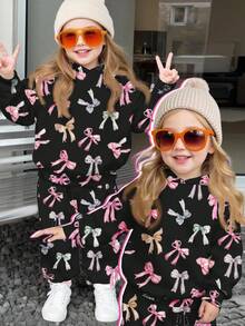 SHEIN Süßer Schleifendruck, Schwarz, Schul-Stil, französisch-retro-süß, Baby Mädchen lässig locker bequem Strick weicher Hoodie Trainingsanzug Set, geeignet für Herbst/Winter - Verschiedenfarbig - Übersicht 1