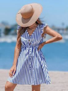 Sylviya Vertical Striped Fake Button Ruffle Sleeve Drawstring Waist Dress - Blue and White - View 4