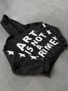 PAVTROS 男士字母标语印花休闲连帽衫，街头风格简约设计套头连帽衫