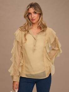 Enchnt 女式纯色荷叶边纽扣半襟长袖时尚衬衫 - 卡其色 - 查看 4