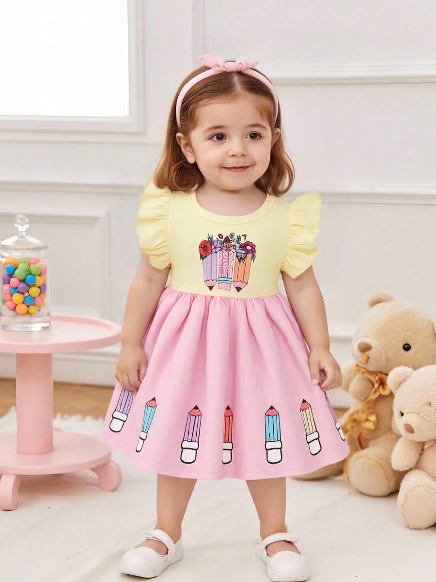 SHEIN Baby Girl Summer Floral Print Sleeveless Patchwork Dress, Cute Ruffled Hem Casual Princess Dress For Outdoor - Multicolor - View 1