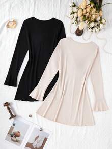Snug Zone 2 件套 V 领系腰荷叶边修身连衣裙家居服套装，适合女士秋季服装 - 彩色 - 查看 2