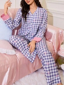 Bộ đồ ngủ kẻ caro gingham họa tiết nơ bong bóng, trang phục thu đông - Màu tím - Xem 6