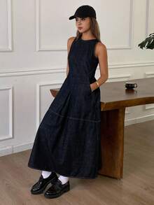 DAZY Vintage Washed Sleeveless Round Neck A-Line Waist Casual Denim Dress For Women, Autumn/Winter - Blue - View 6