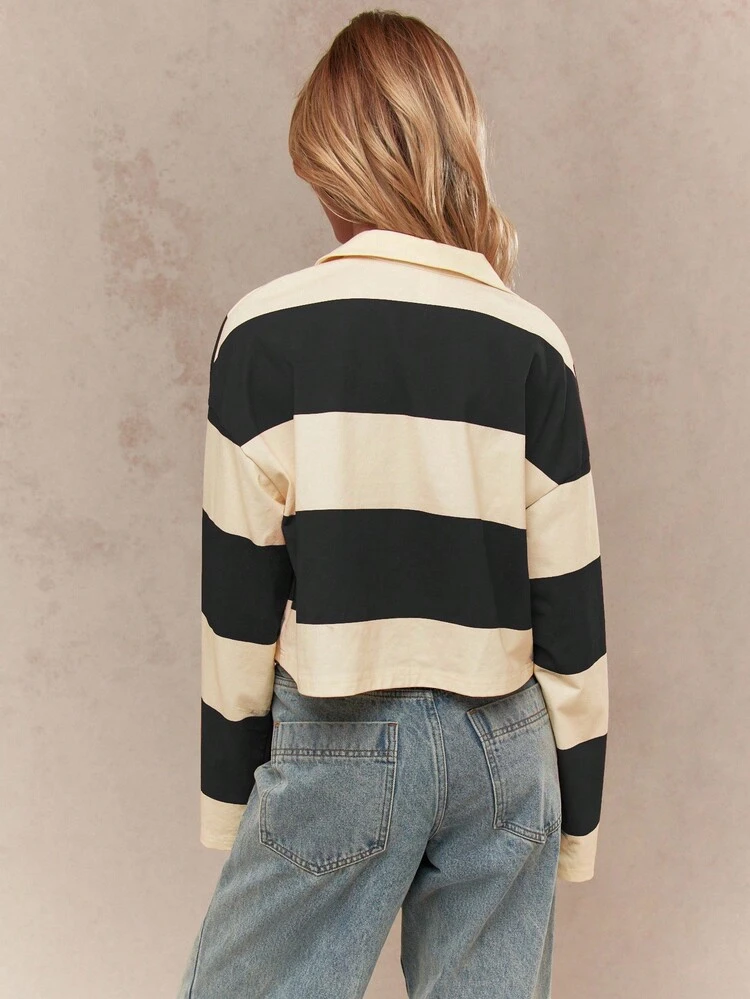 MISSGUIDED Polo rugby surdimensionné, style universitaire classique, coupe courte, manches longues, rayures, col, pull-over, pour un port casual au quotidien en automne et hiver