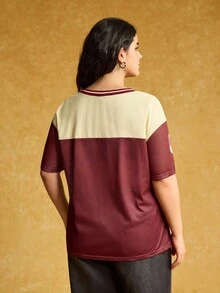 HARRY POTTER X SHEIN Plus Size V-Neck Color Block Letter Graphic Short Sleeve T-Shirt - Red - View 2