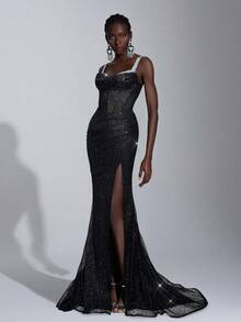 Elitara Elegant Luxurious Beaded & Sequin Splice Elastic Mesh Ruffle Collar Slit Fishtail Skirt, Suitable For Wedding, Party, Vacation, Ball, Evening Gown (Heavy-Duty)