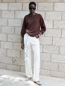 Lumivelle Women's Coffee Brown Round Neck 3/4 Puff Sleeve Pullover Sweater