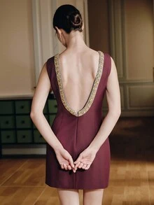 Anewsta Women's French A-Line Waist Embellished Backless Fitted Mini Dress - Burgundy - View 2