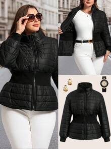 Ellevyn Áo khoác nữ cổ đứng tay dài màu đen thanh lịch cỡ lớn mùa đông, thắt eo, thoải mái - màu đen - Xem 2